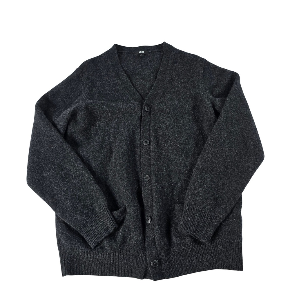 Uniqlo Premium Lambswool V-Neck Cardigan Sweater Charcoal Gray 460941 Womens L